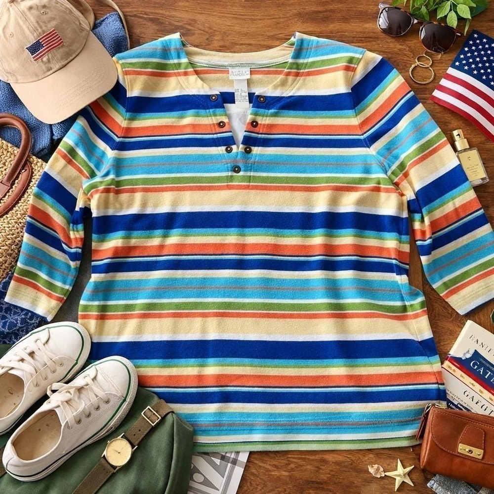 Koret Francisca Top Wms 1X Multi Color Striped Henley 3/4 Sleeve Casual‎ Preppy